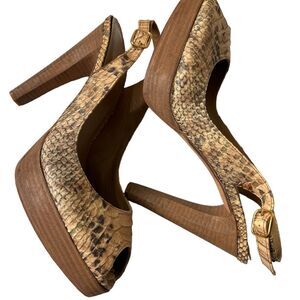 Stuart Weitzman Snakeskin Peep Toe Slingback Wood Platform heels sz 9.5 Mobwife